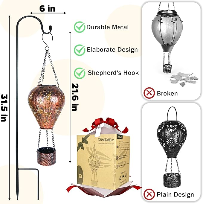 2-Pack Dragonfly Decor Hot Air Balloon Solar Lantern – Outside Decorative Hanging Light for Garden Yard Patio Porch Lawn and Pathway – Unique Housewarming, Birthday Gift for Women Mom Grandma