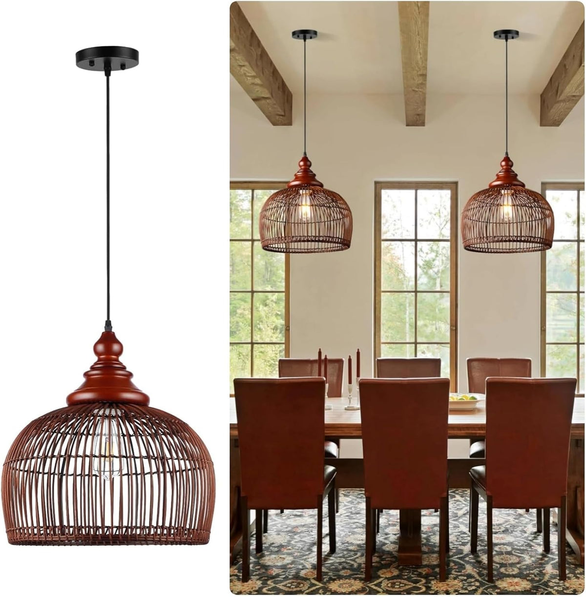 Rattan Pendant Light Kitchen Island, 15.8" Boho Dining Room Light Fixture Hand-Woven Wicker Chandelier Farmhouse Weaving Lighting Coastal Ceiling Hanging Lights for Living Room Restaurant