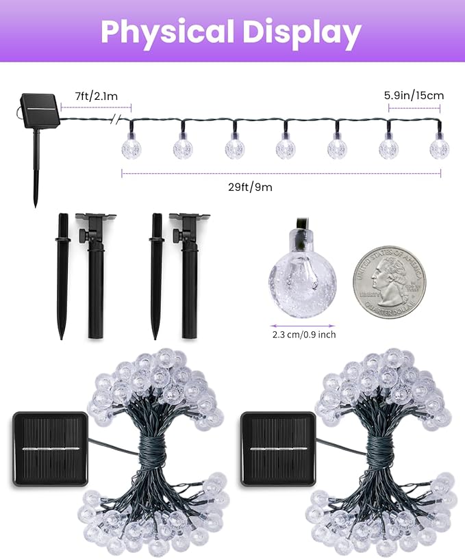 Purple Solar Lights Outdoor Waterproof, 2-Pack 120 LED 72 FT Total, Halloween Globe Lights for Garden Yard Wedding Christmas Party Decor (Purple)