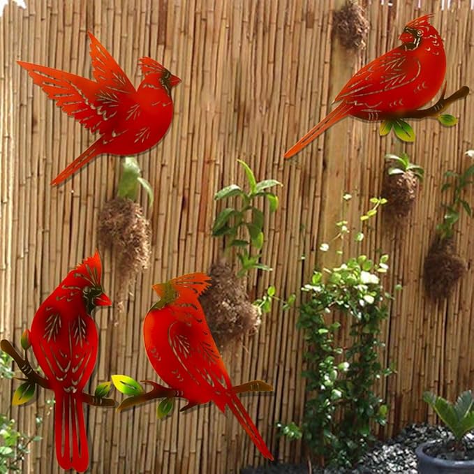 4 Pack Metal Cardinal Wall Art Decor Metal Birds 3D Outdoor Sculpture, Ornaments Hand-Made Nimble red Bird, Gifts for Mom,Birthday Gifts for Grandma Wife