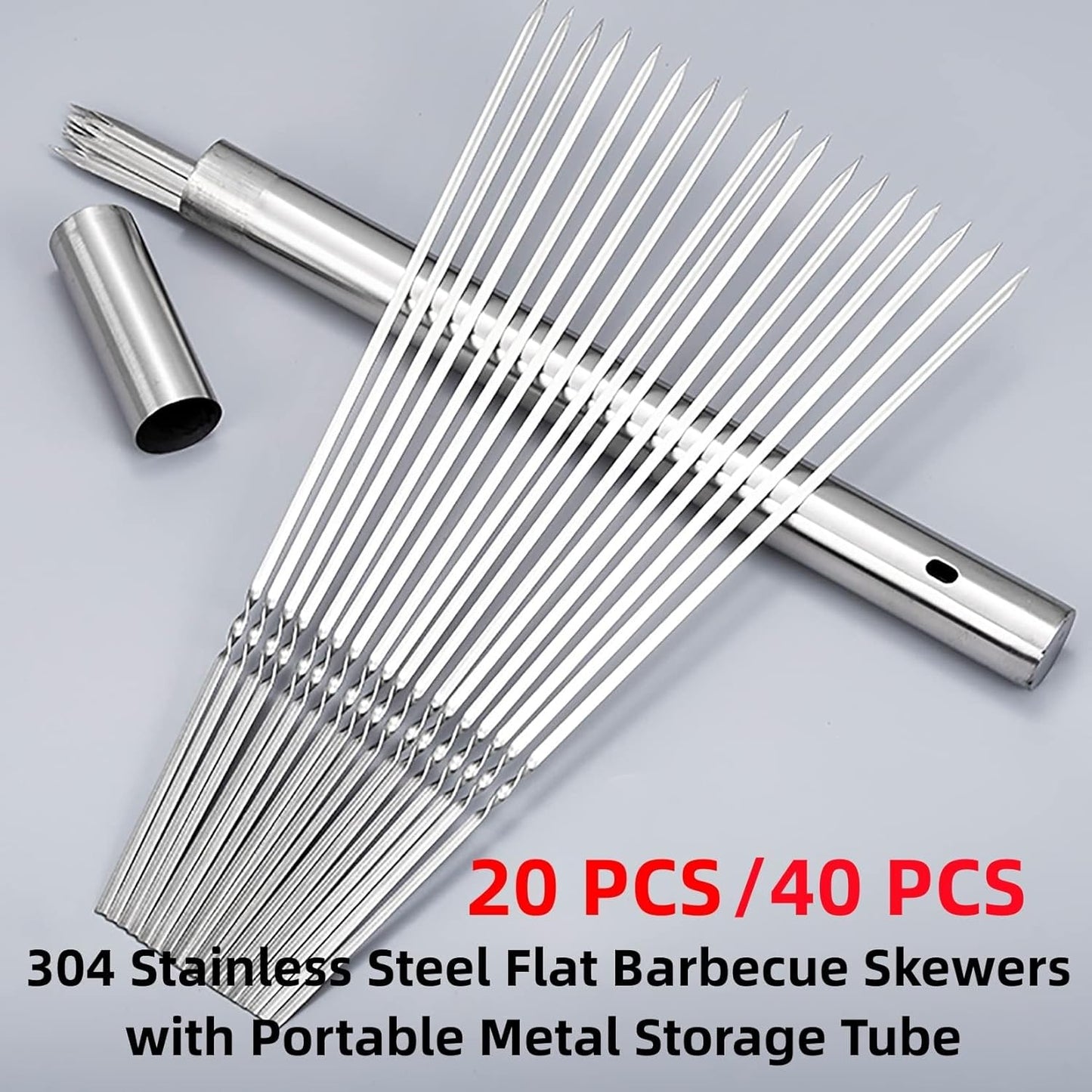 304 Stainless Steel 14.8" Long Flat Barbecue Skewers,20PCS/40PCS BBQ Kebab Skewers with Portable Metal Storage Tube,Reusable for Grilling Barbecue Kitchen Party and Outdoor Cooking (40PCS)