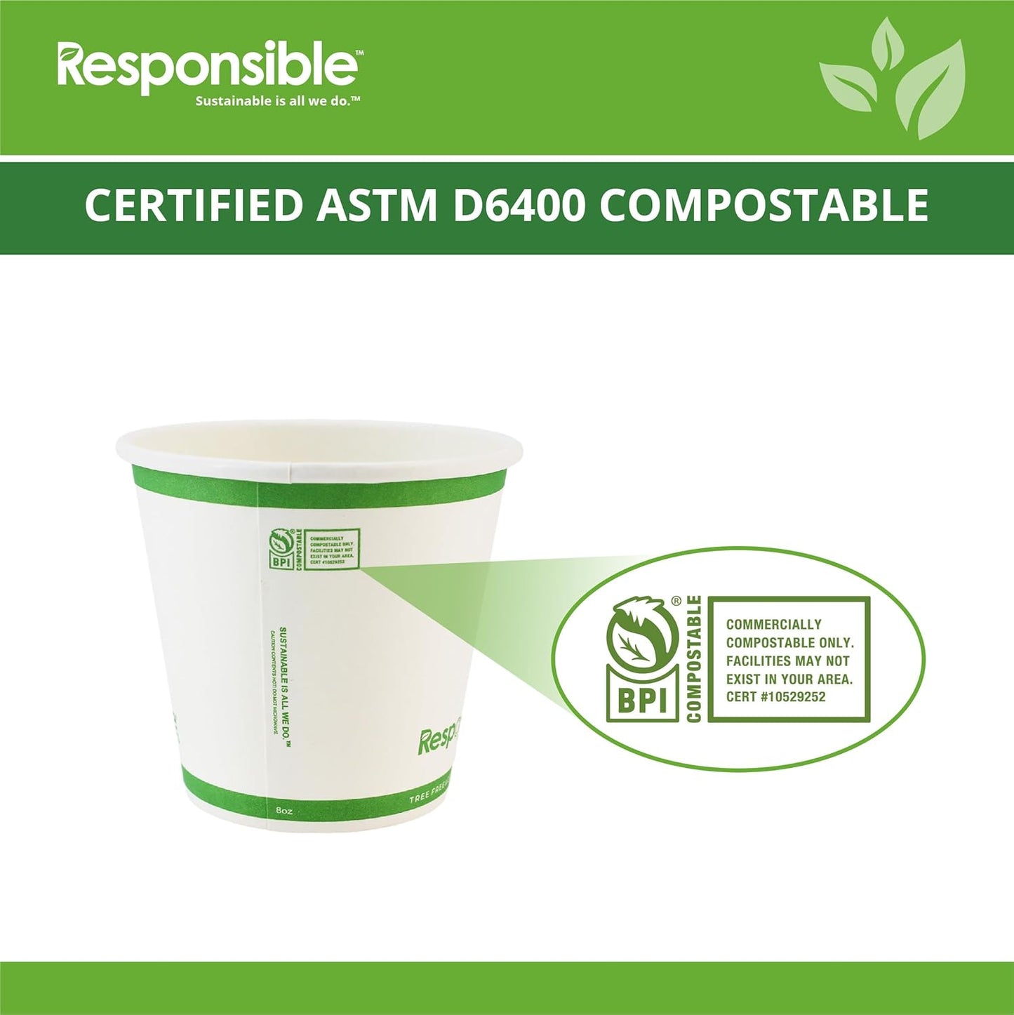 8 oz Paper Hot Cups (Squat), Tree-Less™ Compostable Paper Coffee Cups, Extra Strength, Tree-Free and Made Without PFAS, White (1000 Count)
