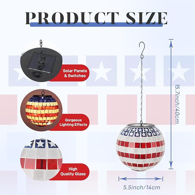 American Flag Solar Hanging Lanterns Outdoor Waterproof Glass Mosaic Gazing Ball Globe Hanging Lantern Lights for Patio Garden Yard Home Decor (Red)