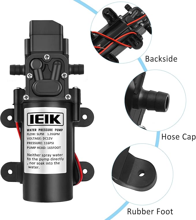 12 Volt Diaphragm Pump 5LPM 1.35 GPM 116PSI Self Priming Sprayer Pump 12V DC Fresh Water Diaphragm Pressure Pump for RV Camper Marine Boat Lawn (60W)