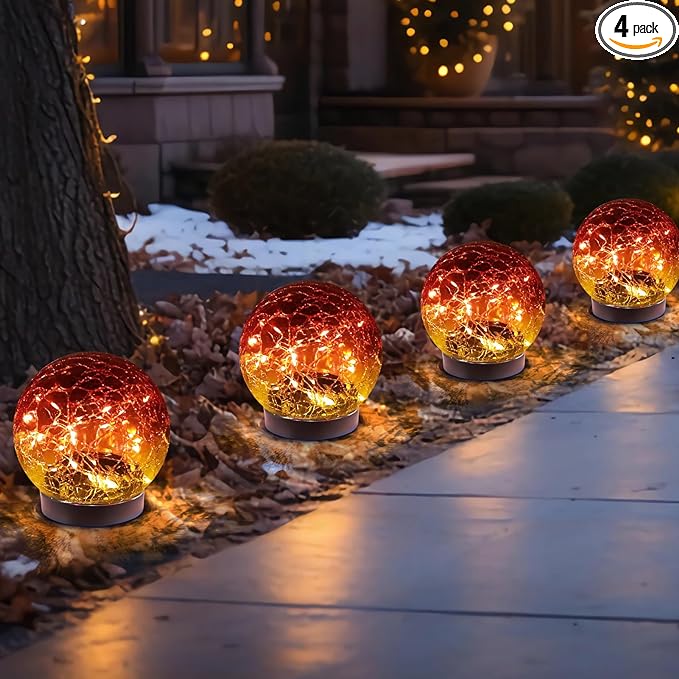 Solar Globe Lights Outdoor Waterproof-Solar Balls-Solar Garden Lights-Solar Orbs for Outside 4 Pack Cracked Glass Ball for Lawn Patio Yard Backyard Decorations, DS-XBQ-1-1-1
