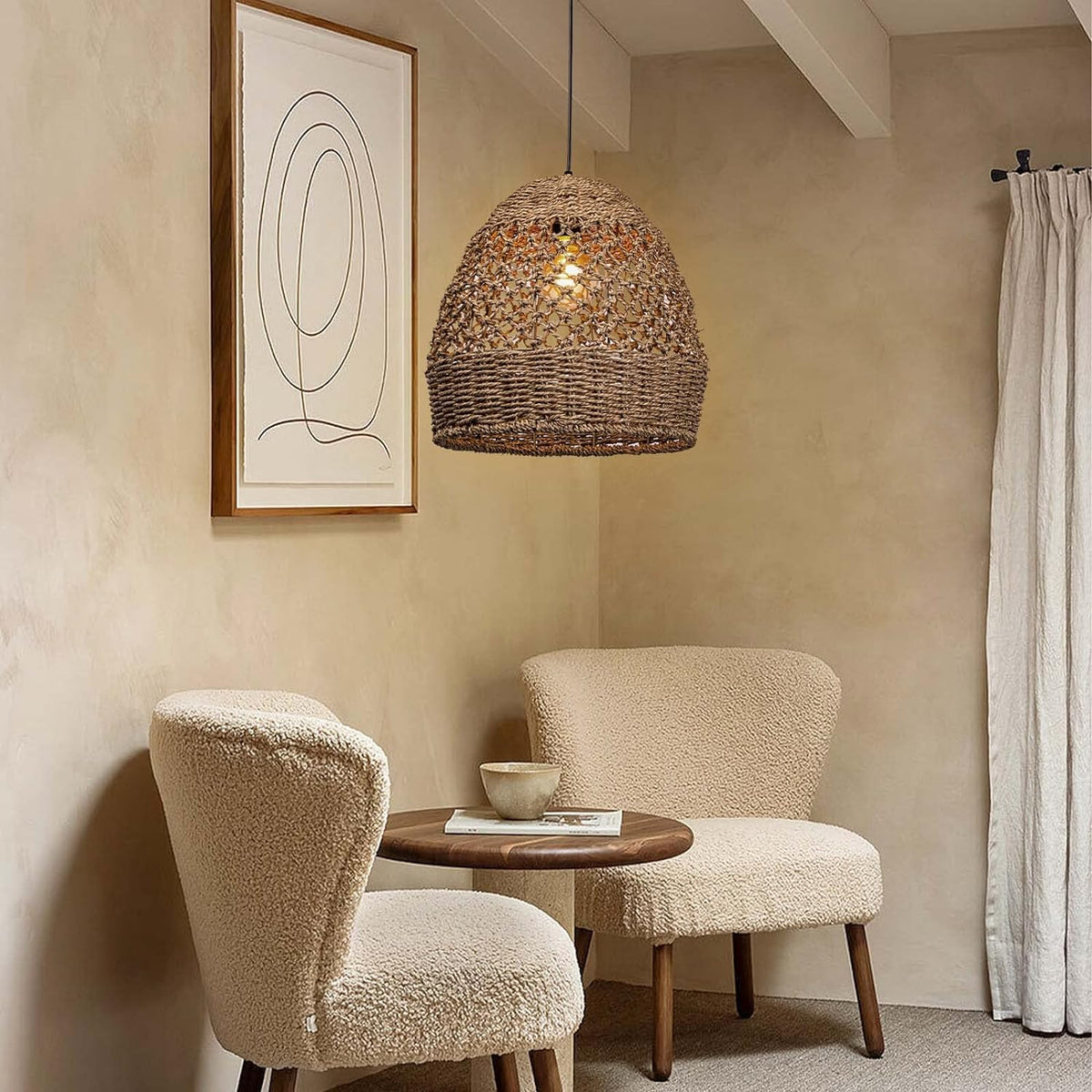 Arturesthome Rattan Woven Pendant Light for Kitchen Island, Hand-Woven Ceiling Chandelier, Handmade Natural Seaweed Hanging Lights Crafts Lampshade D 15.7in