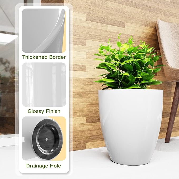 QCQHDU Plant Pots Set of 2 Pack,10 Inch Plant Pot for Indoor and Outdoor Plants with Drainage Hole,Flower Pots Modern Decorative Planter for Garden Plants (White)