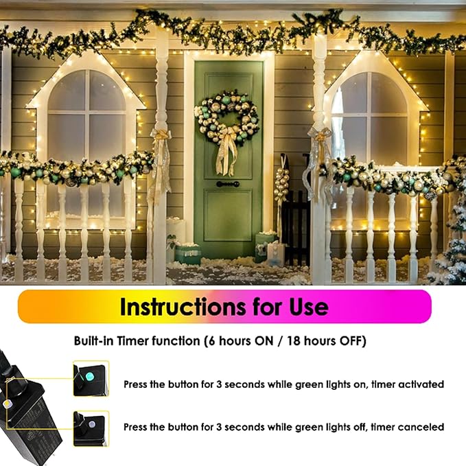 SANJICHA 2-Pack 66FT 200 LED Christmas Lights, Extendable Christmas Tree Light with Timer & Memory Function, Waterproof Green Wire Outdoor String Lights Indoor with 8 Lighting Modes (Warm White)