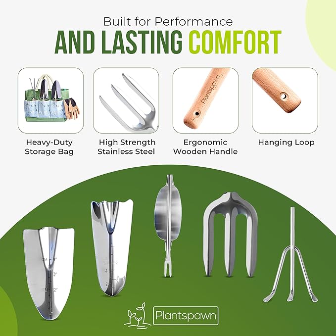 24-Piece Gardening Tools Set with Bag – Heavy-Duty Rust-Proof Hand Tools with Wooden Handles Including 15 Plant Tags – Ideal Gift for Women, Men, Mom, Dad & Gardeners