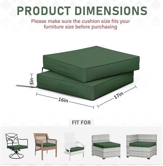 Patio Chair Cushions 17 X 16 X 3 Inch Waterproof Outdoor Seat Cushions for Patio Furniture, Outdoor Sofa Couch Pads with Ties & Handle, Set of 2, Green