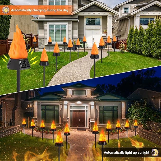 Toodour Solar Outdoor Torch Lights with Flickering Flame, Solar Pathway Decorative Lights, Waterproof LED Flame Torches for Outdoor Camping Garden Landscape Patio Path Yard Decorations - 4 Pack