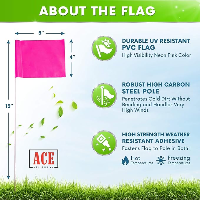 Pink Marking Flags 1000 Pack - 4x5x15 Inch Pink Flags for Yard - Markers For Lawn, Irrigation, Landscaping, Survey & Sprinkler Head Marking