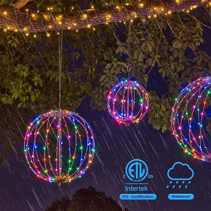 Christmas Ball Sphere, 12IN 96LED Hanging Tree and Pathway Lights With Hook and Stake, Foldable Metal Frame Ball for Outdoor Garden, UL Listed, Brown Frame, RGB