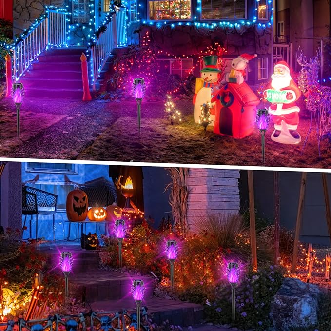 EOYIZW Solar Outdoor Lights, 8 Pack Purple Halloween Decorations Outdoor, Waterproof Mini LED Solar Tiki Torches for Outside Light for Halloween Garden Yard Porch Lawn Decor