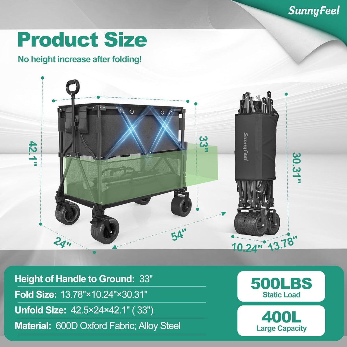 SUNNYFEEL Double Decker Wagon, Collapsible Outdoor Utility Wagon Cart 500LB Capacity Adjustable Handlebar,Foldable Wheels Stable Durable Oxford Fabric for Shopping Garden Camping (Black, Double Deck)