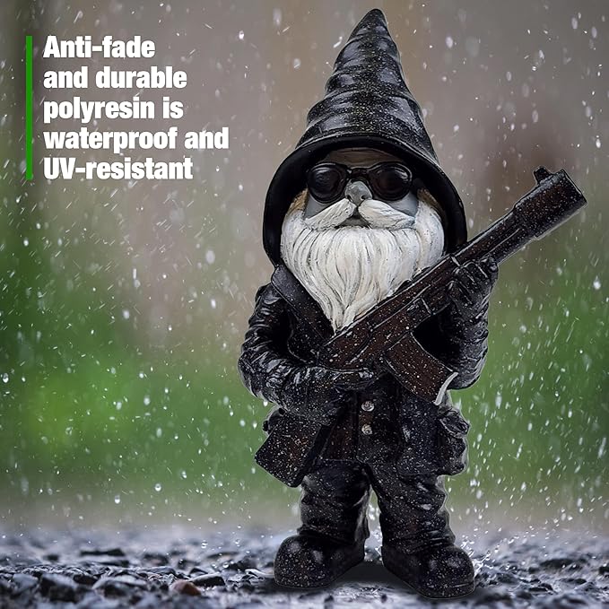Better Office Products Garden Gnome Statue, 8" Height, Handcrafted Waterproof, UV-Resistant Polyresin Lawn Patio Porch Ornament Decoration (Stone Cold Hitman)