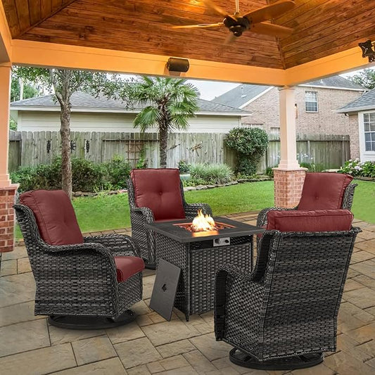 5 Pieces Patio Wicker Furniture Set - 4 Outdoor Swivel Rocker Glider Chairs with 50000BTU Propane Fire Pit Table, Warm Patio Conversation Set Red Cushion Perfect for Casual Gathering