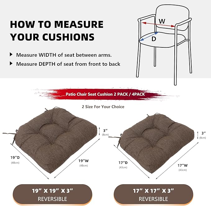 RACE LEAF 17" x 17" Patio Chair Seat Pads Brown - Outdoor/Indoor Patio Cushions Set of 2 - Replacement Cushions for Chairs and Seating - Olefin Seat Pads for Porch, Deck, and Garden Seats