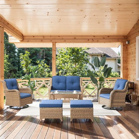 Wicker Outdoor Furniture Patio Furniture Set - 6 Piece Patio Conversation Set with Swivel Rocker Chairs, Loveseat Sofa, Ottomans and Coffee Table, Blue Cushion
