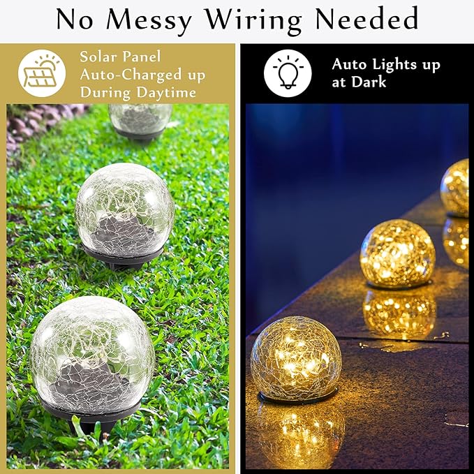 Honoson 3.9 Inch Solar Globe Lights Outdoor Waterproof, Solar Balls for Garden Cracked Glass Ball, Ground Landscape Garden Decor for Patio and Yard Lawn Backyard (6 Pieces)