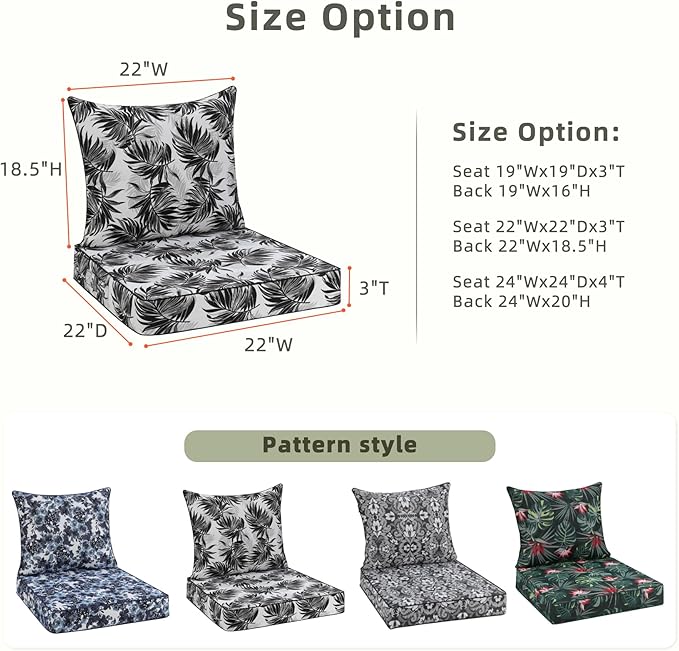 Favoyard Outdoor Seat Cushion 22 x 22 x 3 in Waterproof Pattern Fade Resistant Cover Removable Patio Furniture Cushions Deep Seat & Back Cushion Set with Adjustable Straps for Patio Chair Sofa Couch