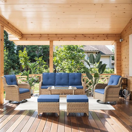 Wicker Outdoor Furniture Patio Furniture Set - 6 Piece Patio Conversation Set with Swivel Rocker Chairs, Rattan Sofa, Ottomans and Coffee Table, Blue Cushion