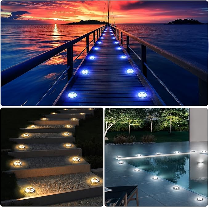 Quntis Solar Deck Lights for Outside, 3 Color Modes Deck Light Outdoor IP68 Waterproof, Solar Driveway Lights for Stair Pathway Walkway Road (Blue/Cool White/Warm White) 4 Pack