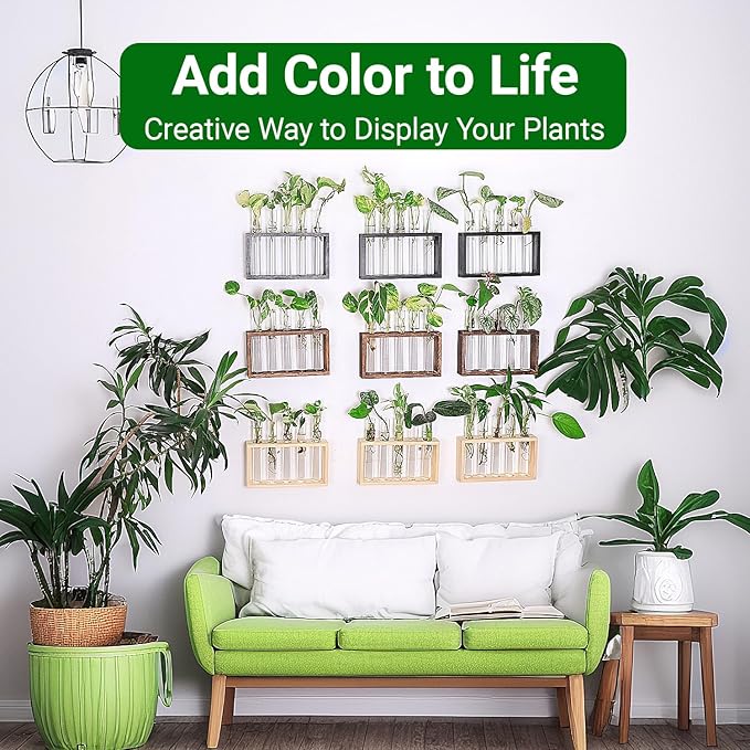 Ivolador Plant Propagation Station Terrariumin Wall Test Tube Vases Bud Tabletop Glass Wooden Stand with 5 Propagation Tubes for Propagating Hydroponic Plants Home Garden Wedding Decoration-Beige