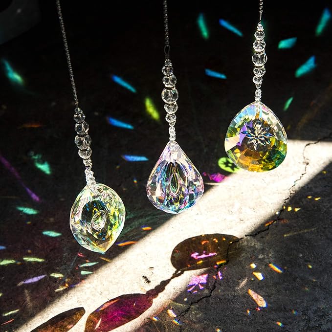 HDCRYSTALGIFTS Pack of 3 Crystal Suncatchers,AB Colored Sun Catchers with Crystals for Window Hanging Rainbow Maker Prisms Suncatchers Indoor Outdoor Decorations Ornaments