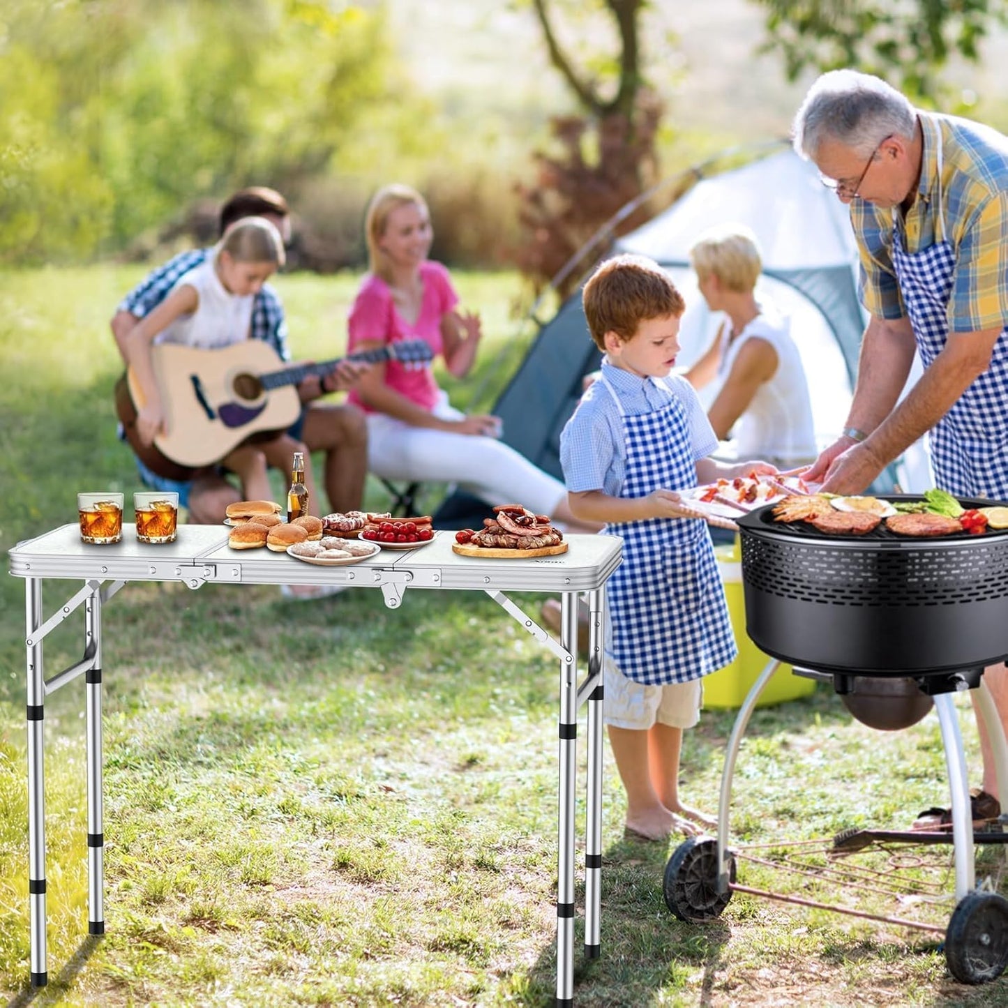 Folding Camping Table with Storage Net, 3ft Camping Table Aluminum Folding Table with 3 Adjustable Height Max 27.1 Inch, Portable, for Outdoor Backyard BBQ, Silver