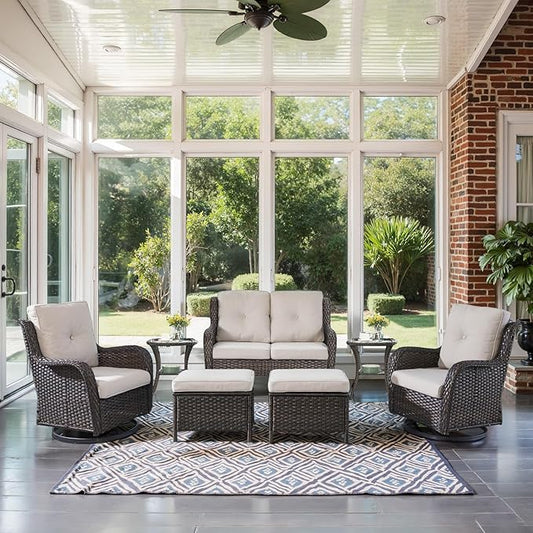 Outdoor Patio Furniture Set - 7 Piece Brown Wicker Conversation Patio Furniture Set All Weather Swivel Chairs with Ottoman and Loveseat Glider Chair for Deck Balcony Backyard