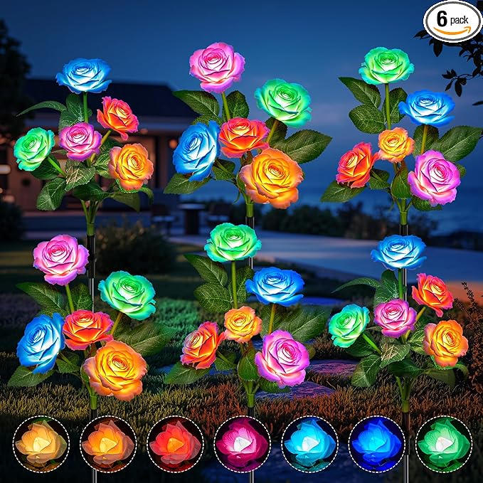 WdtPro 2025 New Solar Lights Outdoor Decorative 6 Pack, Garden Lights Solar Powered Flowers Rose Light Waterproof, Color Changing Solar Outdoor Light for Outside Patio Yard Grave Garden Decor, Gifts
