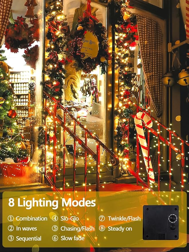 4 Pack Total 800 LED Solar Christmas Lights Outdoor, Solar String Lights for Outside with 8 Modes, Waterproof Green Wire Solar Powered Tree Light for Xmas Party Yard Garden Decorations (Warm White)