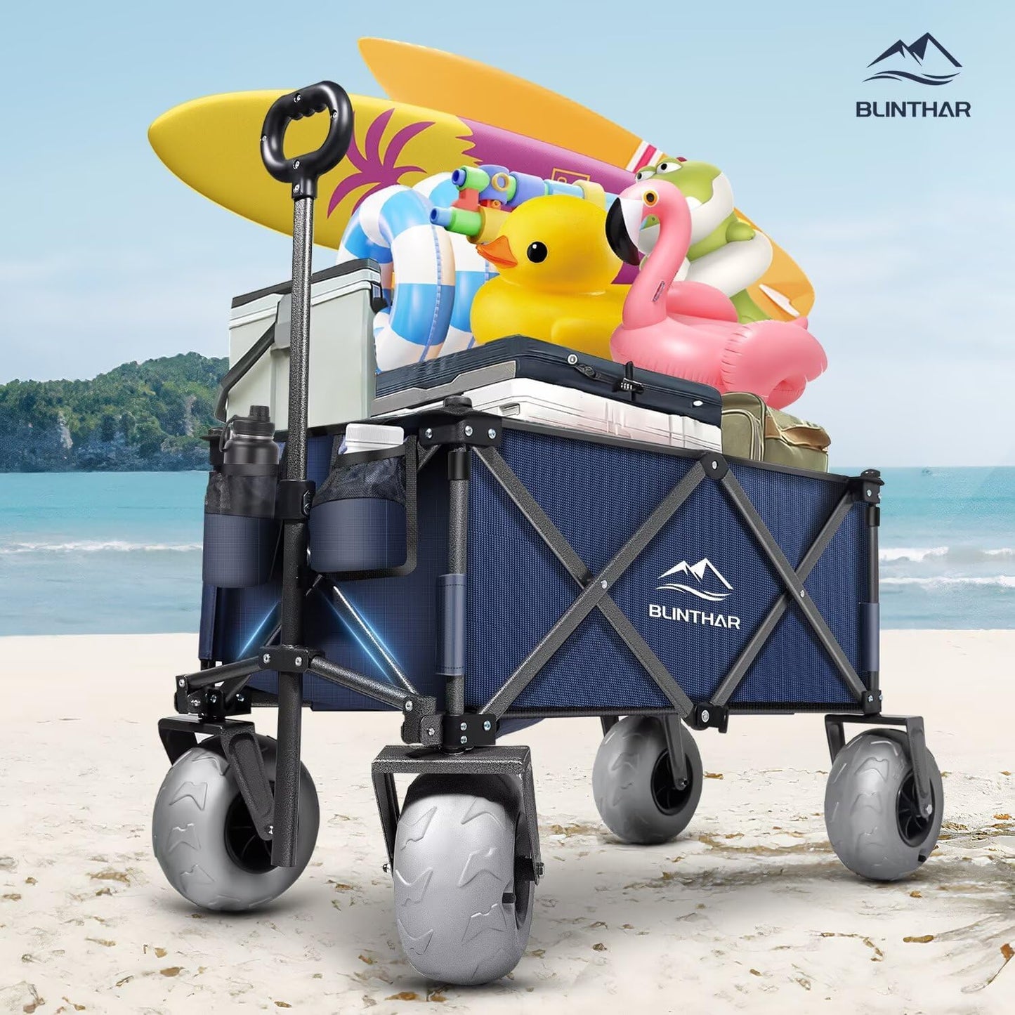 Beach Wagon with Big Wheels for Sand, Heavy Duty Collapsible Folding Wagon with All-Terrain 9" Pneumatic Tires & Drink Holders, Utility Wagon for Garden Sports Camping Outdoor Activities