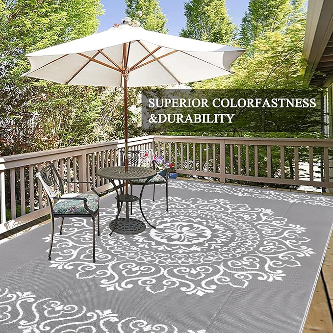 Pauwer Waterproof Outdoor Rug 6x9, Reversible Plastic Straw Patio Camping Rug, Indoor Outdoor RV Mat Carpet for Deck, Camper, Porch, Balcony, Backyard, Picnic, Floral Grey