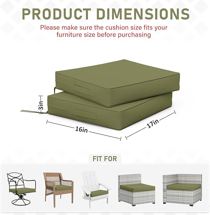 Patio Chair Cushions 17 X 16 X 3 Inch Waterproof Outdoor Seat Cushions for Patio Furniture, Outdoor Sofa Couch Pads with Ties & Handle, Set of 2, Light Green