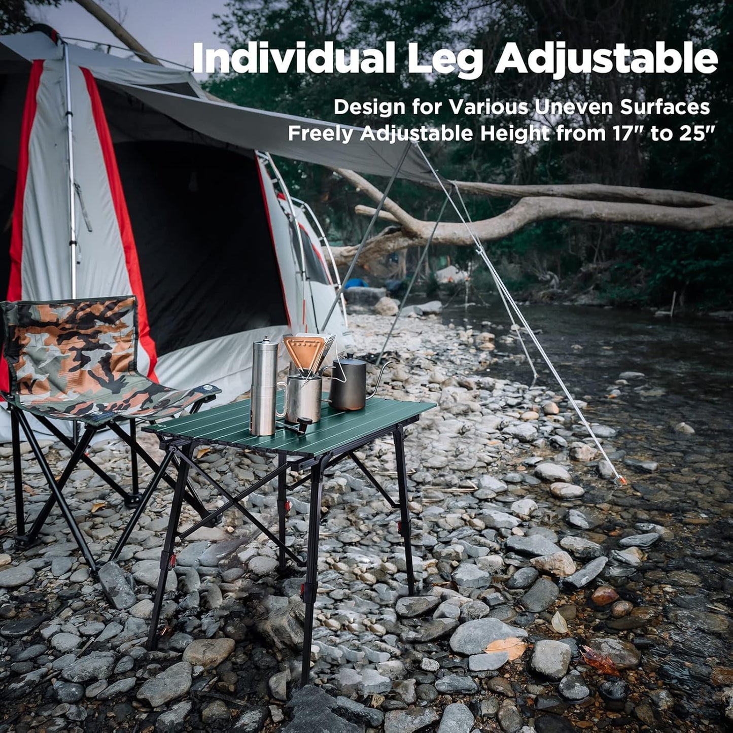 VILLEY Portable Camping Table with Adjustable Legs, Lightweight Aluminum Folding Beach Table with Carrying Bag for Outdoor Cooking, Picnic, Beach, Backyards, BBQ and Party