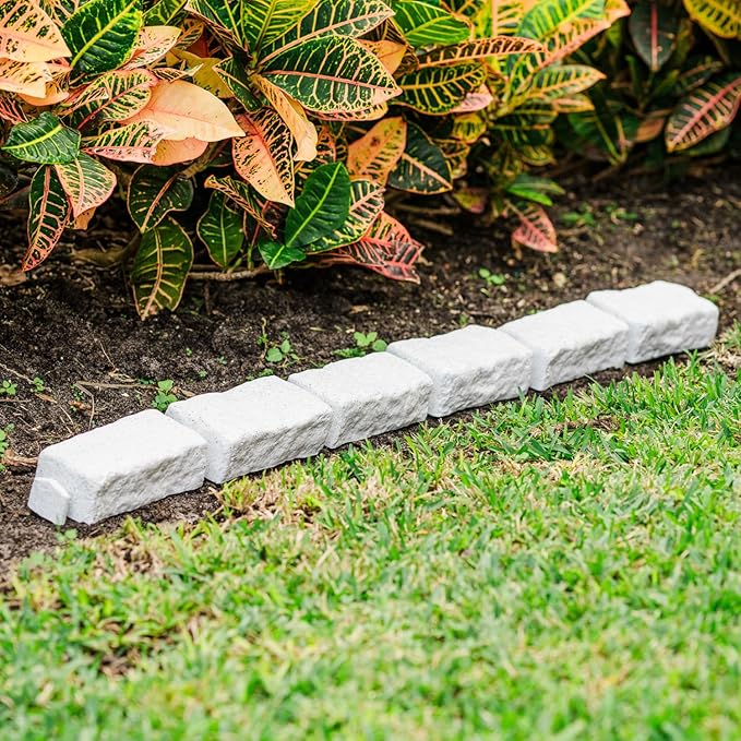 Beuta Landscape Edging | Garden Edging Border | No Dig Faux Stone Bricks & Spikes for Lawn Edging, Flower beds, Pathways & Yards – 4 Packs | Each Pack Has 6 Bricks 48" Lx 4" W x 2.25" H|Limewash