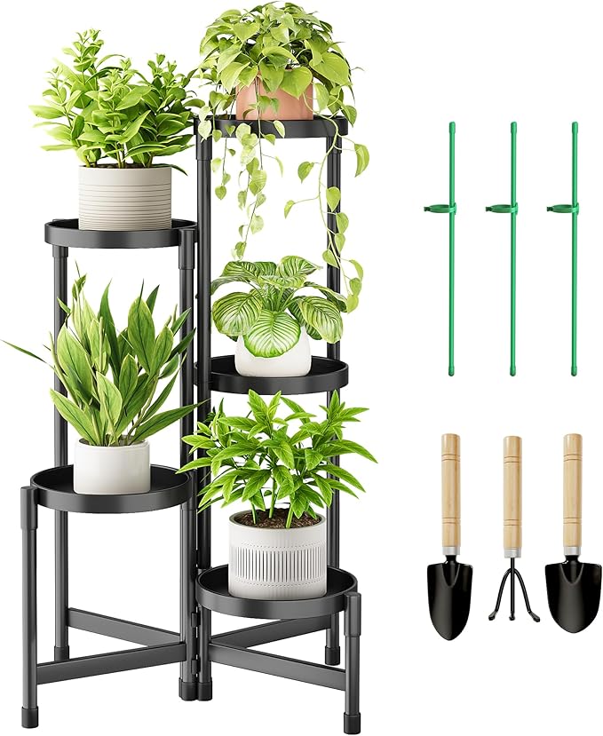 5 Tier Metal Plant Stand Indoor, Rotatable Corner Plant Shelf Outdoor, Tiered Flower Pot Display Stand, Black Multiple Plants Holder for Patio Living Room Balcony Garden Home Decor