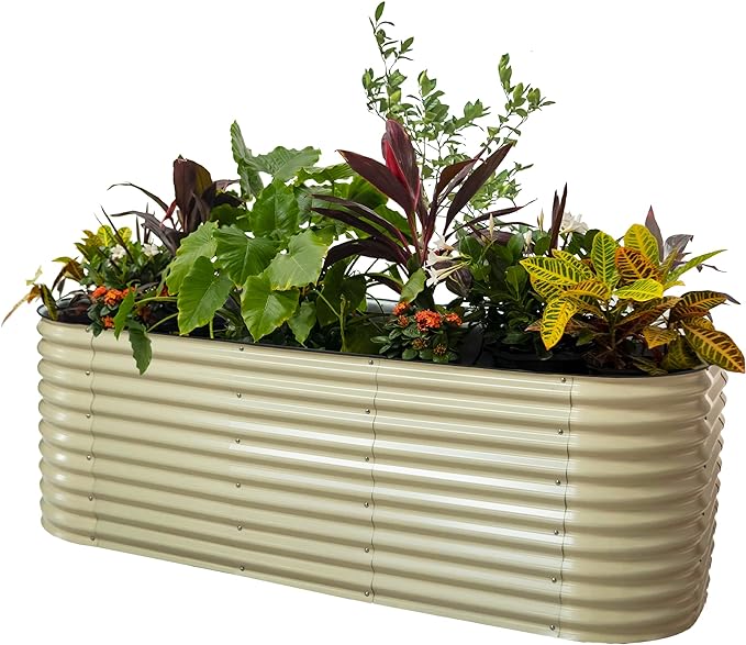 Vego garden 32" Extra Tall Raised Garden Bed Kits, 10 in 1 Modular Raised Planter Box for Vegetables Flowers Fruits Oval Metal Raised Garden Bed- Pearl White
