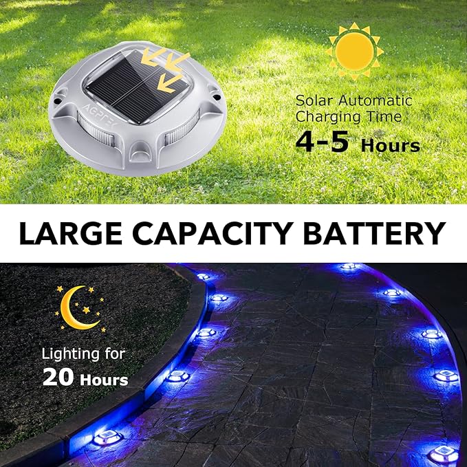 AGPTEK Solar Driveway Lights Outdoor 24 Pack, 2 Color Modes LED Deck Dock Marine Waterproof Security Marker Lights for Step Sidewalk Stair Garden Pathway Walkway Yard(Blue Light/Cool White)