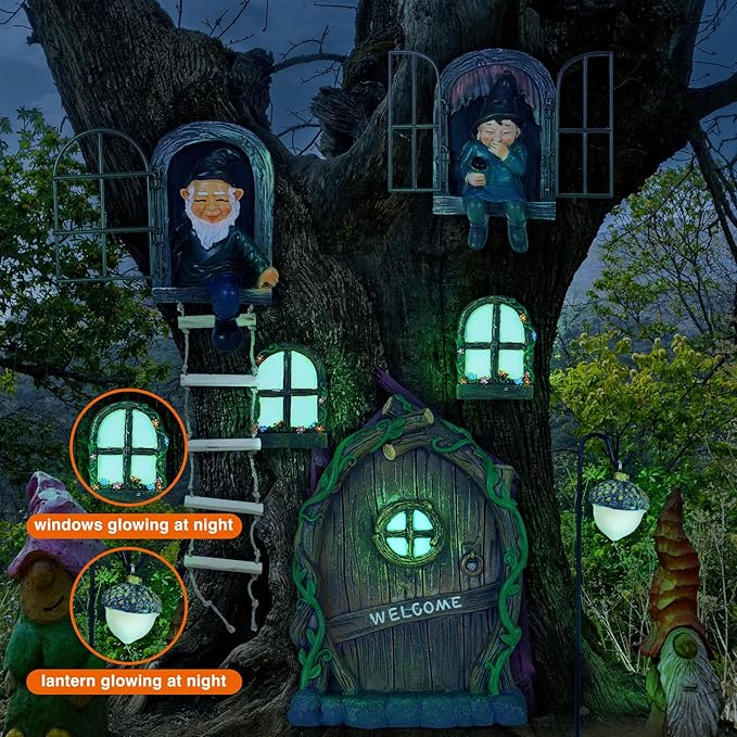 7 Pcs Fairy Garden Accessories Tree Hugger Gnome Statue Fairy Door Window Set Dwarf Elf Landscape Figurine Out The Door Resin Sculpture Hanging Tree Faces Decor for Trees Outdoor Decor
