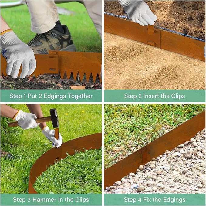 Co rten Steel Landscape Edging 10 Inch Tall 6 Packs, Pre-Rusted Metal Garden Edging with 6 Clips and a Pair of Gloves, Steel Edging for Landscaping, Garden