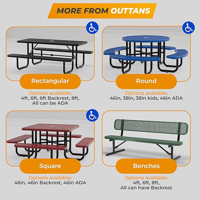 Metal Picnic Tables for Outdoors with Umbrella Hole - Coated Steel Heavy Duty Commercial Grade Table with Adjustable Seats (Green, 46 in, Round, Expanded Steel)