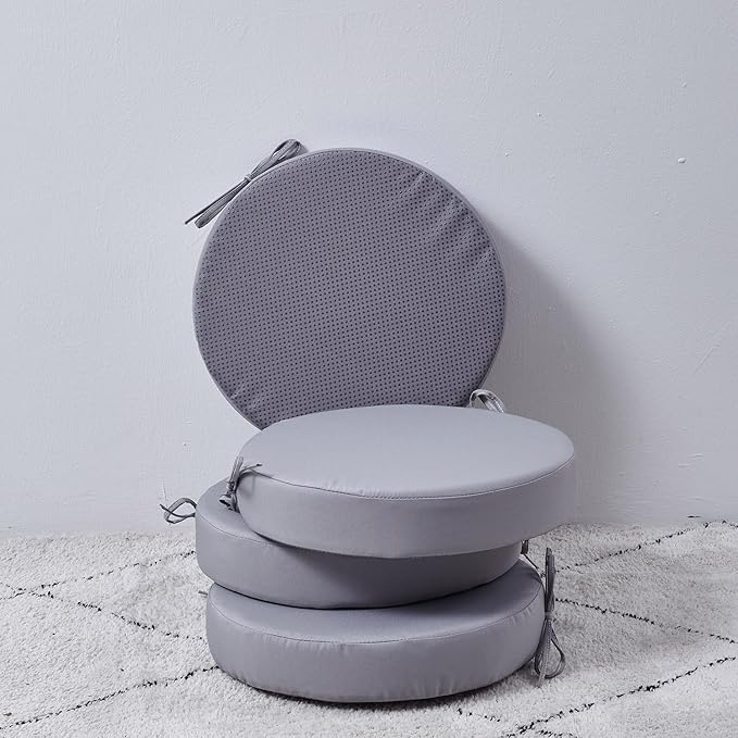 15 x 15 Inch Round Cushions for Outdoor Furniture Non-Slip Waterproof Patio Bistro Chair Cushion with Ties Bar Stool Seat Cushion for Kitchen Chairs Set of 4, Light Gray