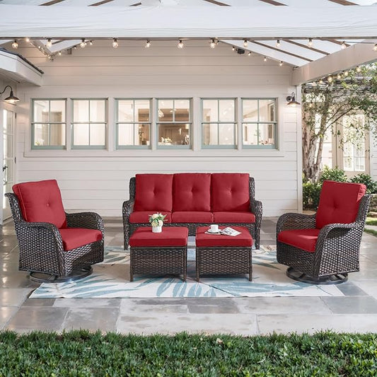 5 Piece Outdoor Patio Furniture Set - Wicker Furniture Patio Conversation Set, Outdoor Swivel Rocker Chairs with 3-Seater Sofa and 2 Ottomans for Small Space, Red Cushion