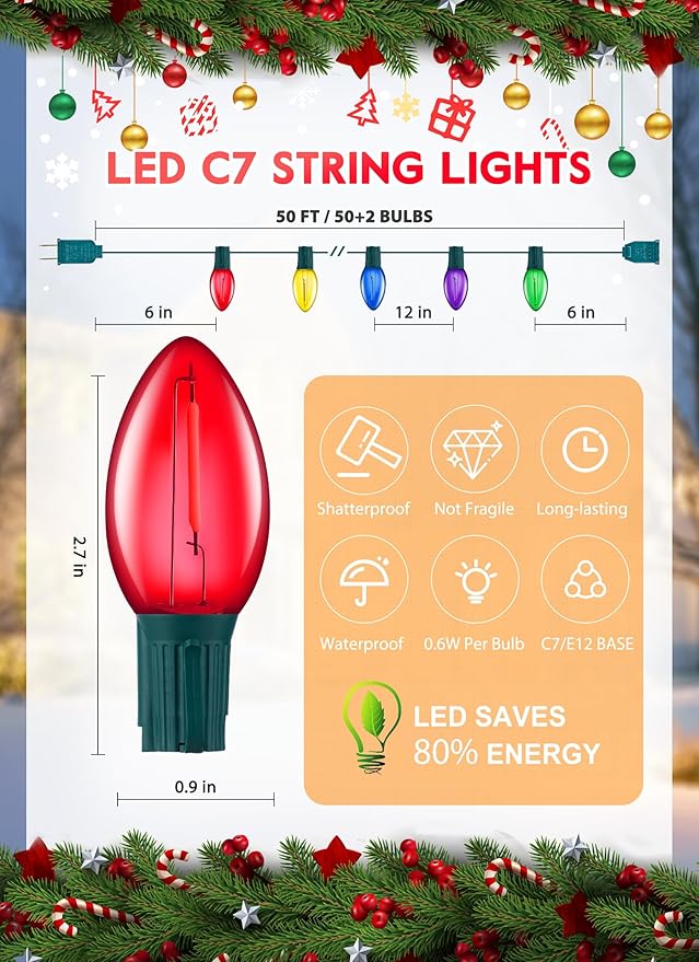 Multicolor C7 LED Christmas String Lights, 50FT C7 Vintage Christmas Lights, Commercial Connectable Christmas Tree Lights for Xmas Holiday Roofline Garden Wedding Decor