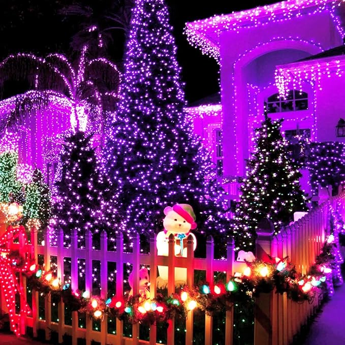 QITONG 4 Pack Purple Solar Fairy Lights, Each 33ft 100 LED Solar Christmas Lights, 8 Modes Solar Twinkle String Lights