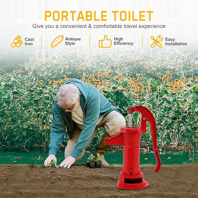 Samger Antique Pitcher Hand Water Pump Cast Iron Red Hand Well Pump 25ft Maximum lift Manual Water Transfer Pump Boost Fountain for Outdoor, Yard, Pond, Garden Decoration Kit