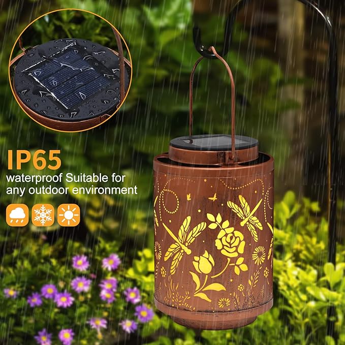 2 Pack Solar Lanterns Garden Decor Birthday Gifts for Women Mon Grandma Metal Hanging Solar Lights Waterproof Outdoor Decoration for Outside LED Lanterns for Yard Patio Lawn(Dragonfly)